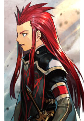 Rule 34 | 1boy, asch (tales), green eyes, hungry clicker, long hair, male focus, namco, open mouth, red hair, simple background, solo, surcoat, sword, tales of (series), tales of the abyss, weapon