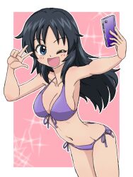 Rule 34 | 1girl, ;d, bikini, blue eyes, blue hair, breasts, cellphone, cleavage, commentary, cowboy shot, freckles, front-tie bikini top, front-tie top, girls und panzer, halterneck, holding, holding phone, long hair, looking at viewer, medium breasts, navel, one eye closed, open mouth, outline, outside border, phone, pink background, selfie, side-tie bikini bottom, smartphone, smile, solo, standing, swimsuit, takahashi kurage, w, white outline, yamagou ayumi
