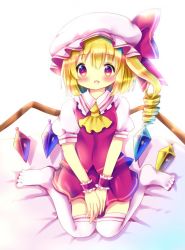 Rule 34 | 1girl, :d, ascot, bed sheet, blonde hair, blush, bow, chocolat (momoiro piano), collared shirt, commentary request, crystal, flandre scarlet, frilled shirt collar, frills, full body, hair between eyes, hand on lap, hat, hat bow, long hair, mob cap, no shoes, one side up, open mouth, puffy short sleeves, puffy sleeves, red bow, red eyes, red skirt, red vest, ringlets, shirt, short sleeves, sitting, skirt, smile, solo, thighhighs, touhou, vest, wariza, white hat, white shirt, white thighhighs, wings, wrist cuffs, yellow ascot