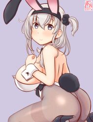 Rule 34 | 1girl, alternate breast size, animal ears, ass, black headband, bow, bowtie, breasts, brown pantyhose, covered navel, detached collar, fake animal ears, grey hair, hachimaki, headband, high heels, kanon (kurogane knights), kantai collection, large breasts, leotard, long hair, looking at viewer, one-hour drawing challenge, one side up, pantyhose, playboy bunny, rabbit ears, rabbit tail, sitting, solo, strapless, strapless leotard, suzutsuki (kancolle), tail, traditional bowtie, wariza, white headband, white leotard, wrist cuffs