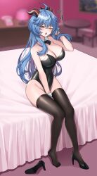 Rule 34 | 1girl, ;o, absurdres, ahoge, alternate costume, bare arms, bare shoulders, bed, bed sheet, between legs, black bow, black bowtie, black footwear, black leotard, black thighhighs, blue hair, blurry, blurry background, blush, bow, bowtie, breasts, chair, cleavage, collar, commentary, commission, contemporary, covered navel, crossed bangs, detached collar, feet, full body, ganyu (genshin impact), genshin impact, goat horns, groin, hand between legs, hand in own hair, hand up, high heels, highleg, highleg leotard, highres, horns, indoors, knees together feet apart, lamp, large breasts, legs, leotard, long hair, looking at viewer, nanni jjang, nontraditional playboy bunny, on bed, one eye closed, open mouth, painting (object), phone, purple eyes, shoes, sidelocks, single shoe, sitting, solo, squiggle, strapless, strapless leotard, table, tearing up, thighhighs, thighs, unworn shoe, unworn shoes, white collar