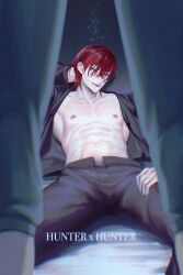 Rule 34 | 2boys, abs, bare pectorals, enyalee, facepaint, facial mark, feet out of frame, hair down, highres, hisoka morow, hunter x hunter, illumi zoldyck, looking at viewer, male focus, multiple boys, navel, open clothes, open shirt, pectorals, red hair, seductive smile, shirt, short hair, smile, solo focus, spread legs, star (symbol), teardrop facial mark, toned, toned male, yaoi