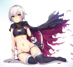 Rule 34 | 1girl, :o, arm strap, arm support, bandaged hand, bandages, belt, black cape, black gloves, black panties, black thighhighs, blonde hair, breasts, brown belt, buckle, cameltoe, cape, cleavage, cleavage cutout, clothing cutout, commentary request, dagger, facial scar, fate/grand order, fate (series), fingerless gloves, full body, gloves, gluteal fold, gradient background, green eyes, green hair, groin, hair between eyes, halterneck, highres, holding, holding knife, holding weapon, huruneko1014, jack the ripper (fate/apocrypha), knife, looking at viewer, lowleg, lowleg panties, midriff, multicolored cape, multicolored clothes, multicolored hair, navel, no shoes, panties, pink hair, purple cape, reverse grip, scar, scar on cheek, scar on face, shadow, short hair, silver hair, single glove, sitting, small breasts, solo, stomach, thigh gap, thighhighs, torn cape, torn clothes, two-sided cape, two-sided fabric, underwear, weapon, white background, wind, yokozuwari