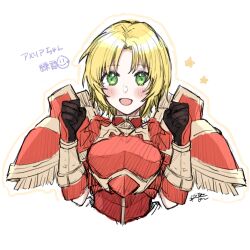 Rule 34 | 1girl, :d, amelia (fire emblem), armor, blonde hair, blush, cape, commentary request, fire emblem, fire emblem: the sacred stones, gauntlets, green eyes, highres, looking at viewer, misato hao, nintendo, open mouth, red armor, red cape, short hair, shoulder armor, signature, simple background, smile, solo, star (symbol), upper body, white background