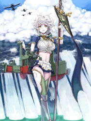 Rule 34 | 10s, 1girl, aircraft, airplane, braid, breasts, cleavage cutout, clothing cutout, cloud, cloud print, cloudy sky, crossed legs, day, green thighhighs, hair ornament, highres, kantai collection, large breasts, light rays, long hair, looking at viewer, midriff, miniskirt, navel, pleated skirt, saitou teikoku, silver hair, single braid, skirt, sky, smile, solo, thighhighs, unryuu (kancolle), very long hair, wavy hair, yellow eyes, zettai ryouiki