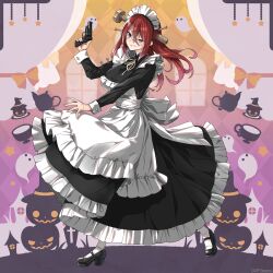 apron black_dress black_eyes black_footwear blush breasts dress frilled_apron frilled_dress frills gun halloween halloween_costume handgun highres holding holding_gun holding_weapon large_breasts long_hair long_sleeves looking_at_viewer maid maid_apron maid_headdress object_through_head original red_hair revolver screw_in_head smile stitches thighhighs tyone weapon white_thighhighs