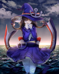Rule 34 | 1girl, aki663, braid, brown hair, closed eyes, cloud, dress, funamusea, hair ribbon, hat, hat ribbon, highres, instrument, long hair, ocarina, oounabara to wadanohara, pantyhose, partially submerged, pointy ears, ribbon, sailor dress, solo, standing, star (sky), tears, twin braids, wadanohara, wading, water, white pantyhose, witch hat