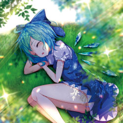 Rule 34 | 1girl, ^ ^, absurdres, arm up, ass, bare legs, blue bow, blue dress, blue hair, blush, bow, cirno, closed eyes, commentary request, dress, feet out of frame, grass, hair bow, hand up, highres, ice, ice wings, knees up, light rays, lying, on side, open mouth, outdoors, panties, panty peek, pinafore dress, puffy short sleeves, puffy sleeves, shirt, short dress, short hair, short sleeves, sleeping, sleeveless dress, solo, sparkle, thighs, touhou, underwear, white panties, white shirt, wings, yamanakaume