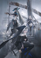 Rule 34 | 3girls, absurdres, arknights, ascot, black capelet, black dress, black gloves, black headwear, black nails, black veil, blood, building, capelet, clothing cutout, dress, from below, gladiia (arknights), gloves, grey hair, grey sky, habit, hair over one eye, hat, headwear request, high collar, highres, holding, holding jewelry, holding necklace, jacket, jacket on shoulders, jewelry, leotard, long hair, looking at viewer, multiple girls, necklace, nun, open mouth, pelvic curtain, pointy hat, red eyes, reoen, short dress, sitting, skadi (arknights), sky, specter (arknights), stairs, standing, thigh cutout, thighhighs, tricorne, veil, very long hair, white ascot, white leotard