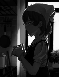 Rule 34 | 1girl, akina (odoru nagi), alternate costume, apron, backlighting, bandaid on ear, blurry, blurry background, closed mouth, collared shirt, commentary, commentary request, english commentary, from side, frying pan, gloves, greyscale, half-closed eyes, hands up, hatoba tsugu, highres, holding, indoors, kitchen, looking down, mixed-language commentary, mole, mole under eye, monochrome, overexposure, own hands together, plant, potted plant, profile, puffy short sleeves, puffy sleeves, shirt, short hair, short sleeves, solo, tenugui, tile wall, tiles, tsugu (vtuber), upper body, virtual youtuber, window