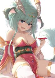 Rule 34 | 1girl, bare shoulders, blush, collarbone, cup, detached sleeves, dragon girl, dragon horns, dragon tail, fingernails, green eyes, green hair, green nails, green sash, highres, holding, holding cup, horns, long hair, looking at viewer, nail polish, open mouth, original, red sleeves, sakazuki, sash, sidelocks, simple background, smile, solo, tail, thighhighs, wamu (chartreuse), white background, white thighhighs