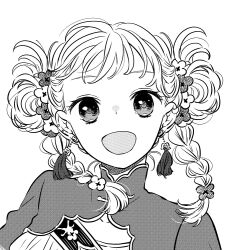 Rule 34 | 1girl, :d, braid, chinese clothes, collarbone, earrings, flower, greyscale, hair flower, hair ornament, jewelry, looking at viewer, maru (memoriatechnica), monochrome, open mouth, original, simple background, smile, solo, twin braids, twintails, upper body, white background