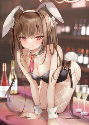 Rule 34 | 1girl, :q, all fours, animal ears, bare shoulders, blurry, blurry background, blush, bottle, breasts, brown hair, champagne flute, cleavage, closed mouth, collar, commentary request, cup, depth of field, detached collar, drinking glass, fake animal ears, fishnet thighhighs, fishnets, hair between eyes, hairband, leotard, long hair, looking at viewer, necktie, original, playboy bunny, pon (ponidrop), rabbit ears, rabbit tail, red eyes, red necktie, short necktie, small breasts, smile, solo, tail, thighhighs, tongue, tongue out, twintails, very long hair, white collar, white hairband, white thighhighs, wing collar, wrist cuffs