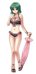 Rule 34 | 1girl, bikini, black bikini, bra, breasts, cleavage, closed umbrella, female focus, full body, green hair, hand on own chest, high heels, kazami yuuka, large breasts, lingerie, mito ayame, narrow waist, navel, non-web source, open shoes, panties, parasol, red eyes, sandals, shoes, short hair, smile, solo, standing, swimsuit, thigh gap, touhou, umbrella, underwear, underwear only, white background