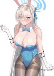 Rule 34 | 1girl, animal ears, aqua leotard, artist name, asuna (blue archive), asuna (bunny) (blue archive), bare shoulders, blonde hair, blue archive, blush, bow, bowtie, breasts, cleavage, covered navel, curled fingers, detached collar, eyes visible through hair, fake animal ears, gloves, groin, hair ornament, hair over one eye, hair ribbon, halo, hand up, highleg, highleg leotard, highres, large breasts, leotard, long hair, looking at viewer, mole, mole on breast, morino (harpoomoss), open mouth, pantyhose, parted bangs, playboy bunny, ribbon, simple background, smile, solo, strapless, strapless leotard, thighs, traditional bowtie, white background, white gloves