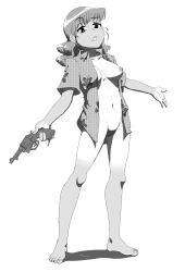 Rule 34 | 1girl, barefoot, bottomless, breasts, death by lolis, female pubic hair, floral print, full body, greyscale, gun, handgun, highres, holding, holding gun, holding weapon, medium breasts, monochrome, navel, nipples, no bra, open clothes, open shirt, original, pubic hair, revolver, solo, tan, tanline, wavy hair, weapon