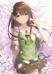 Rule 34 | 1girl, bare shoulders, blush, breasts, brown hair, brown skirt, camisole, collarbone, cowboy shot, flower, green eyes, green shirt, hair ribbon, hand up, highres, light particles, long hair, looking at viewer, miko fly, miniskirt, off-shoulder shirt, off shoulder, original, pleated skirt, ribbon, shirt, short sleeves, sidelocks, signature, skirt, small breasts, smile, solo, spaghetti strap, standing, white flower, white shirt