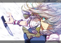 Rule 34 | 1girl, action, ascot, blue eyes, blue shirt, blurry, bow, braid, breasts, constricted pupils, dagger, hair bow, hair over one eye, hitoshi, izayoi sakuya, knife, letterboxed, light trail, open hand, puffy short sleeves, puffy sleeves, shirt, short sleeves, silver hair, simple background, solo, touhou, twin braids, weapon, white background, wide-eyed, wrist cuffs