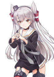 Rule 34 | 1girl, amatsukaze (kancolle), amatsukaze kai ni (kancolle), black dress, blush, brown eyes, closed mouth, commentary, cowboy shot, dress, fingernails, grey hair, hair tubes, highres, kantai collection, long hair, long sleeves, mayura (lucadia), red thighhighs, sailor collar, sailor dress, simple background, smile, solo, thighhighs, two side up, white background, white sailor collar