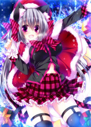 Rule 34 | 1girl, :d, animal ears, bag, black thighhighs, bow, box, capelet, cat ears, cat tail, checkered clothes, checkered skirt, gift, gift box, hat, highres, long hair, long sleeves, looking at viewer, midriff, navel, ooji cha, open mouth, original, oziko (ooji cha), pink eyes, pleated skirt, santa hat, shirt, silver hair, skirt, smile, solo, tail, thighhighs, upskirt, very long hair, zettai ryouiki