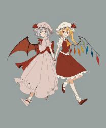 Rule 34 | 2girls, absurdres, ascot, back bow, blonde hair, blue hair, bobby socks, bow, chujiatangji, closed mouth, collared dress, collared shirt, crystal, demon wings, dot nose, dress, fingernails, flandre scarlet, frilled shirt collar, frilled skirt, frills, full body, gloves, grey background, grin, hair between eyes, hat, hat ribbon, highres, holding hands, long hair, looking at another, looking to the side, mary janes, mob cap, multiple girls, nail polish, one side up, pink dress, pink gloves, pink headwear, pink socks, pointy ears, puffy short sleeves, puffy sleeves, red ascot, red bow, red eyes, red footwear, red nails, red ribbon, red skirt, red vest, red wings, remilia scarlet, ribbon, shirt, shoes, short hair, short sleeves, siblings, simple background, sisters, skirt, skirt set, sleeve cuffs, smile, socks, touhou, vest, white headwear, white shirt, white socks, wings, yellow ascot