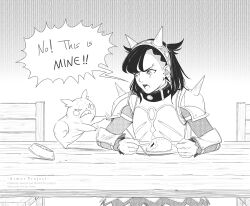 Rule 34 | 1girl, armor, artist name, bowl, breastplate, chair, clenched hand, commentary, copyright name, creatures (company), earrings, english text, fake horns, food, game freak, gen 8 pokemon, greyscale, hairband, highres, holding, horns, inktober, jewelry, kazuko (towa), looking down, marnie (pokemon), monochrome, morpeko, morpeko (hangry), nintendo, open mouth, pet bowl, plate, pokemon, pokemon (creature), pokemon swsh, shoulder armor, speech bubble, table, teeth, tongue, upper teeth only