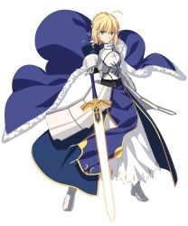 Rule 34 | 1girl, ahoge, armor, armored boots, armored dress, artoria pendragon (all), artoria pendragon (fate), blonde hair, blue ribbon, boots, fate/grand order, fate/stay night, fate (series), full body, green eyes, grey footwear, hair ribbon, highres, holding, holding sword, holding weapon, looking at viewer, melty blood, melty blood: type lumina, armored boots, official art, ribbon, saber (fate), short hair with long locks, sidelocks, simple background, solo, standing, sword, takeuchi takashi, tsukihime, weapon, white background
