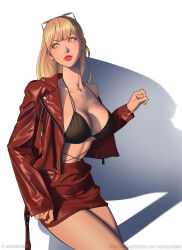 Rule 34 | 1girl, artist name, bikini, bikini top only, blonde hair, blush, breasts, collarbone, english text, eyewear on head, highres, jacket, large breasts, leather, leather jacket, long hair, long sleeves, off shoulder, open clothes, open jacket, original, parted lips, photo-referenced, red jacket, red lips, simple background, single bare shoulder, smile, solo, swimsuit, twitter username, wandzardeen, watermark, web address
