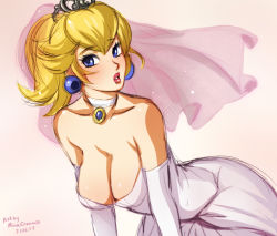Rule 34 | 1girl, 2017, artist name, bare shoulders, bent over, blonde hair, blue eyes, breasts, bridal veil, brooch, choker, cleavage, dated, downblouse, dress, earrings, elbow gloves, eyelashes, female focus, gloves, jewelry, large breasts, lips, lipstick, makeup, mario (series), mina cream, nintendo, off-shoulder dress, off shoulder, parted lips, princess peach, princess peach (wedding), solo, super mario odyssey, tiara, veil, wedding dress, white dress, white gloves
