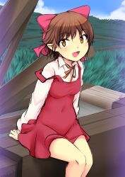 Rule 34 | 1girl, blush, bow, breasts, brown hair, cloud, commentary request, day, dress, fang, feet out of frame, gegege no kitarou, gegege no kitarou 5, grass, hair bow, katori (mocchidou), legs together, looking at viewer, nekomusume, nekomusume (gegege no kitarou 5), open mouth, outdoors, pointy ears, red bow, red dress, shirt, short dress, short hair, sitting, sleeveless, sleeveless dress, small breasts, smile, solo, strap slip, white shirt, yellow eyes