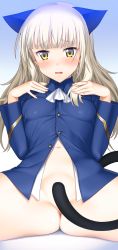 Rule 34 | 1girl, animal ears, blonde hair, blush, bottomless, cat ears, covering privates, covering crotch, unworn eyewear, glasses, highres, long hair, military, no panties, perrine h. clostermann, solo, spread legs, strike witches, suzume inui, tail, underwear, uniform, world witches series, yellow eyes
