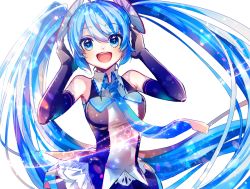 Rule 34 | 1girl, :d, bare shoulders, black skirt, black sleeves, blue eyes, blue hair, blue necktie, blush, cd, cd hair ornament, commentary, detached sleeves, elbow gloves, gloves, hair ornament, hands up, hatsune miku, hexagon, highres, lens flare, long hair, looking at viewer, necktie, open mouth, rainbow, shirayuki towa, shirt, skirt, sleeveless, sleeveless shirt, smile, solo, sparkle, striped clothes, striped shirt, symbol in eye, twintails, upper body, very long hair, vocaloid, white background