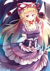 Rule 34 | 1girl, argyle, blonde hair, blush, bow, breasts, choker, cleavage, corset, dress, elbow gloves, frilled dress, frills, gap (touhou), gloves, hair between eyes, hand gesture, hand up, hat, hat ribbon, highres, kanzakietc, large breasts, long hair, looking at viewer, mob cap, print gloves, purple dress, purple eyes, red eyes, ribbon, ribbon-trimmed headwear, ribbon trim, short sleeves, solo, tongue, tongue out, touhou, very long hair, white gloves, yakumo yukari