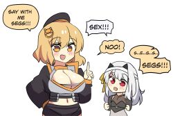 Rule 34 | 2girls, :d, anis (nikke), blonde hair, blush, breasts, cleavage, clenched hands, english text, flat chest, goddess of victory: nikke, grey hair, hair ornament, hat, highres, hinghoi, index finger raised, large breasts, long sleeves, meme, midriff, modernia (nikke), multiple girls, navel, open mouth, orange eyes, red eyes, seggs (meme), smile, speech bubble