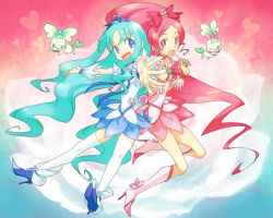 Rule 34 | 10s, 2girls, blue eyes, blue hair, blue skirt, boots, brooch, chypre (heartcatch precure!), coffret (heartcatch precure!), cure blossom, cure marine, eyelashes, hanasaki tsubomi, heart, heart brooch, heartcatch precure!, knee boots, kurumi erika, long hair, magical girl, multiple girls, pink eyes, pink hair, ponytail, precure, skirt, thighhighs, yapo (mess), yapo (pixiv)