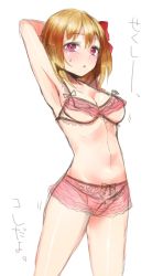 Rule 34 | 1girl, :o, aged up, arm up, armpits, blonde hair, blush, bra, breasts, cleavage, doyouwantto, hair ribbon, looking at viewer, navel, panties, pink bra, pink panties, purple eyes, ribbon, rumia, short hair, simple background, sketch, solo, touhou, underwear, underwear only, white background