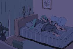 Rule 34 | 2girls, aqua hair, bang dream!, barefoot, bedroom, blanket, blue pajamas, blue tank top, commentary request, drawing (object), grey shorts, guitar, highres, hikawa hina, hikawa sayo, implied sleep molestation, incest, instrument, lamp, looking at another, medium hair, multiple girls, night, on bed, pajamas, picture frame, pillow, pine (pinepipp), plant, potted plant, shorts, siblings, sisters, sketch, sleeping, staring, tank top, twincest, twins, yuri