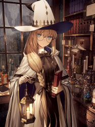 Rule 34 | 1girl, absurdres, black bow, black bowtie, blonde hair, blush, book, bookshelf, bottle, bow, bowtie, braid, breasts, candelabra, candle, candlestand, cape, choppy bangs, cloak, cowboy shot, crystal, desk, drawer, fate/grand order, fate (series), glasses, green eyes, hair over shoulder, hat, highres, holding, holding book, indoors, jar, long hair, long sleeves, looking at viewer, low-braided long hair, low-tied long hair, medium breasts, multicolored cape, multicolored clothes, note, parted lips, rain, robe, round eyewear, scroll, solo, standing, tamitami, tonelico (fate), tonelico (first ascension) (fate), two-tone sleeves, white cloak, white hat, white robe, wide sleeves, window, witch hat