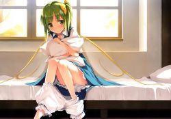 Rule 34 | 1girl, absurdres, bed, bloomers, bloomers pull, blush, bottomless, bow, censored, convenient censoring, daiyousei, dress, fairy wings, green eyes, green hair, hair bow, highres, ke-ta, long hair, matching hair/eyes, hugging object, on bed, pillow, pillow hug, pussy juice, pussy juice stain, scan, side ponytail, sitting, solo, touhou, underwear, window, wings