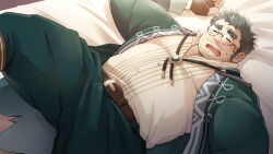 Rule 34 | 1boy, bara, bed, belt, black gloves, brown belt, character request, collared shirt, crave saga, facial hair, fingerless gloves, glasses, gloves, green jacket, green pants, grey hair, jacket, lying, male focus, muscular, muscular male, non-web source, official art, on back, on bed, open clothes, open mouth, pants, shirt, short hair, solo, suv (suv032), white shirt