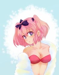 Rule 34 | + +, 10s, 1girl, :o, bandeau, bare shoulders, bikini, blue eyes, blush, bow, breasts, cleavage, coat, collarbone, en (dendenden), en (pixiv584540), female focus, hair bow, head tilt, hibari (senran kagura), large breasts, looking at viewer, neck, off shoulder, open mouth, pink hair, red bikini, senran kagura, short hair, short twintails, solo, strapless, strapless bikini, swimsuit, symbol-shaped pupils, tube top, twintails, upper body