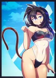 Rule 34 | 1girl, black hair, blue background, blue eyes, commission, commissioner upload, dragon ball, dragon ball gt, dragon ball heroes, dragon ball super, dragon ball xenoverse, dragonball z, freakyed, gris swimsuit, highres, long hair, meme attire, messy hair, monkey tail, navel, original, saiyan, solo, tail, zou (oc)