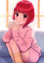 Rule 34 | 1girl, arima kana, bob cut, closed mouth, couch, cup, highres, holding, holding cup, light blush, light smile, looking at viewer, on couch, oshi no ko, pants, pink pants, pink shirt, red eyes, red hair, shirt, shirushi aoi, short hair, socks, solo, window