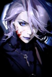 Rule 34 | 1girl, absurdres, black jacket, black shirt, blood, blood in hair, blood on face, blue eyes, ear piercing, eyeliner, hair over one eye, highres, jacket, kong tiao bo zi, looking at viewer, makeup, medium hair, open clothes, open jacket, path to nowhere, piercing, portrait, purple hair, purple lips, shirt, sleeveless, sleeveless shirt, smile, solo, sword necklace, turtleneck, turtleneck shirt, upswept hair, zoya (path to nowhere)