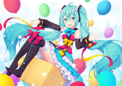Rule 34 | 1girl, ahoge, amemiya ruki, balloon, bare shoulders, black thighhighs, blue bow, blue skirt, bow, bow legwear, commentary request, detached sleeves, green eyes, green hair, hair between eyes, hair bow, hair ornament, hatsune miku, highres, long hair, long sleeves, magical mirai miku, magical mirai miku (2018), no shoes, puffy long sleeves, puffy sleeves, red bow, shirt, skirt, sleeveless, sleeveless shirt, solo, thighhighs, twintails, very long hair, vocaloid, white bow, white shirt, yellow bow