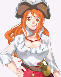 1girl belt breasts brown_eyes closed_mouth collarbone commentary_request frilled_shirt frills hand_on_own_hip hat highres large_breasts long_hair looking_at_viewer nami_(one_piece) official_alternate_costume one_piece orange_hair pandar_op pirate_hat red_skirt sheath sheathed shirt sidelocks skirt smile solo sword upper_body wavy_hair weapon white_shirt