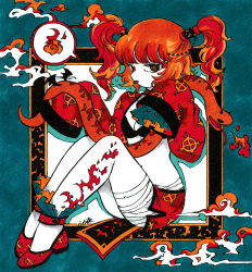 Rule 34 | 1girl, bat wings, breasts, calligraphy brush (medium), fire, full body, highres, horns, knees up, long sleeves, looking at viewer, medium hair, orange eyes, orange hair, original, sleeves past fingers, sleeves past wrists, small breasts, snake, solo, speech bubble, tongue, tongue out, traditional media, twintails, wings, yamakita higashi