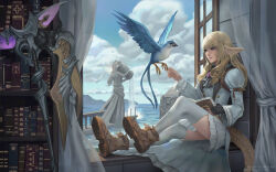 Rule 34 | 1girl, adpong, ascot, au ra, bird, bird wings, black ascot, blonde hair, blue bird, blue eyes, blue shirt, blue sky, book, bookshelf, boots, breasts, brown footwear, cloud, coattails, commentary, commission, crystal, day, dock, dove, dragon girl, dragon horns, dragon tail, english commentary, final fantasy, final fantasy xiv, fingerless gloves, flying, gem, gloves, highres, holding, holding book, horizon, horns, long sleeves, medium breasts, medium hair, meteion, mikoto (ff14), mountain, mountainous horizon, ocean, pleated skirt, puffy long sleeves, puffy sleeves, purple gemstone, scales, shirt, single fingerless glove, sitting, skirt, sky, smile, solo, staff, statue, swept bangs, tail, talons, thighhighs, warrior of light (ff14), water, waterfall, white skirt, white thighhighs, windowsill, wings