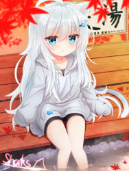Rule 34 | 1girl, :3, ahoge, animal ears, arms at sides, artist name, autumn, autumn leaves, black shorts, blue eyes, blurry, blurry foreground, cat ears, cat girl, cat tail, closed mouth, collarbone, feet out of frame, grey hoodie, grey sweater, hair between eyes, highres, hood, hood down, hoodie, knees together feet apart, light blush, long hair, long sleeves, looking at viewer, onsen, original, sharks (ch10815671), short shorts, shorts, sitting, sleeves past fingers, sleeves past wrists, smile, solo, steam, sweater, tail, tsurime, wading, water, white hair, wooden floor