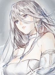 Rule 34 | 1girl, bare shoulders, blue eyes, choker, earrings, jewelry, kanan (the last story), long hair, necklace, pale skin, parted lips, silver hair, solo, the last story, weee (raemz)